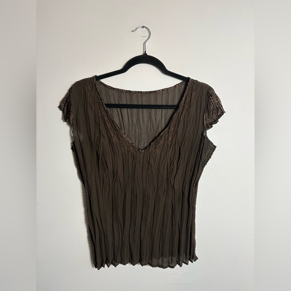None Tops - Sheer Crinkle Chiffon Beaded V-Neck/Reversible Top Brown